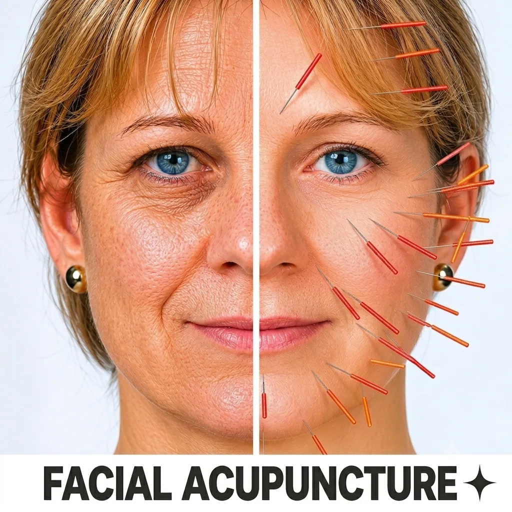 Split facial portrait illustrating facial acupuncture with fine needles